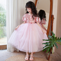 超仙2024新款女童夏季連衣裙洋氣愛莎公主裙兒童網紗蓬蓬禮服裙子