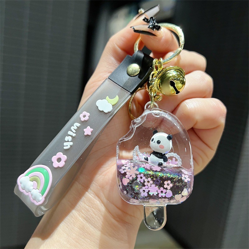 アクリルオイルアイスクリームパンダ流砂ボトルキーホルダーかわいいアイスキャンディーパンダフローティング人形ペンダント小さなギフト|undefined
