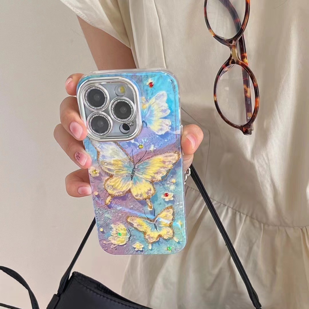 Pintura al óleo de alto valor ins mariposa uso iPhone14/13 funda para teléfono móvil 15 Apple 16ProMax femenino 15PM nuevo