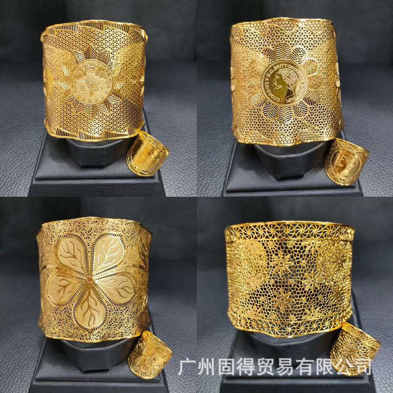 Dubai 24K Gold Flower Large Bangle Ring Jewelry Set India Nigeria Woman Bride Shore Gold Bracelet Dubai 24K Gold Flower Large Bangle Ring Jewelry Set India Nigeria Woman Bride Shore Gold Bracelet