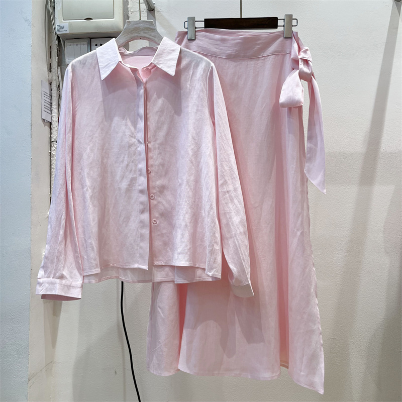 2026 Spring and Summer New Style Gentle Casual Fashion Linen Suit with Lapel Long-Sleeved Shirt and One-Piece Skirt Set
