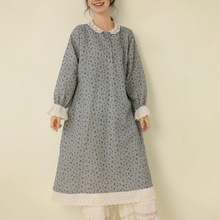 2025新款秋装日系小清新刺绣翻领棉麻格子碎花连衣裙宽松长袖长裙