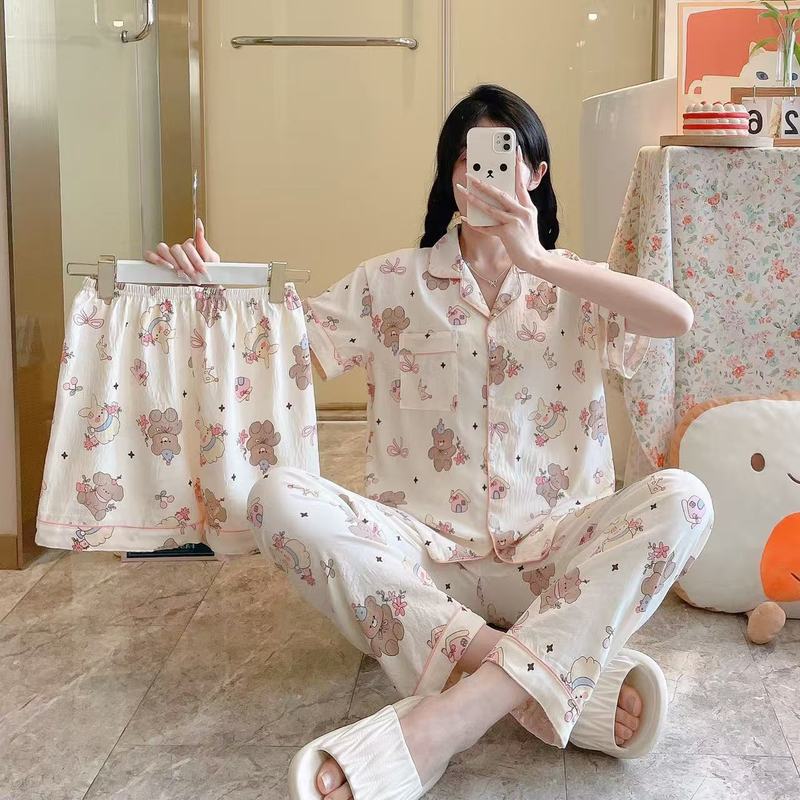 跨境云朵棉睡衣三件套女夏季短袖长裤短裤春秋季家居服套装外贸|undefined