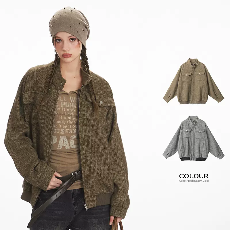 HeyHenry 美式宽松格子拉链夹克外套男女2025新款秋冬气质棒球服