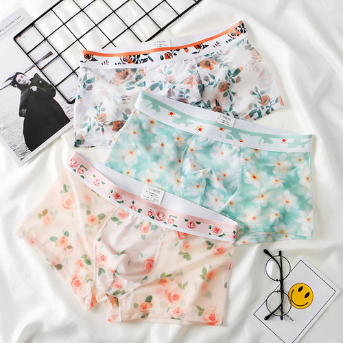 New mesh ultra-thin transparent men's underwear sexy breathable boxer briefs summer printed boxer shorts for men