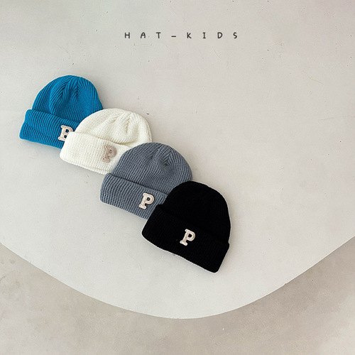 ins baby hat autumn and winter baby knitted hat warm and versatile winter P letter solid color thickened wool hat
