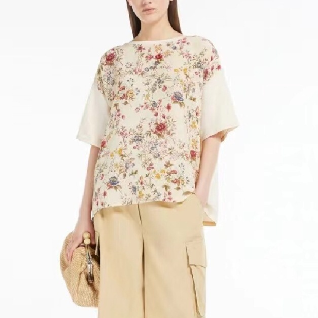 MAX2024 Summer New Comfortable Casual Silk Patchwork Printed Round Neck Loose Short-sleeved T-shirt Top for Women