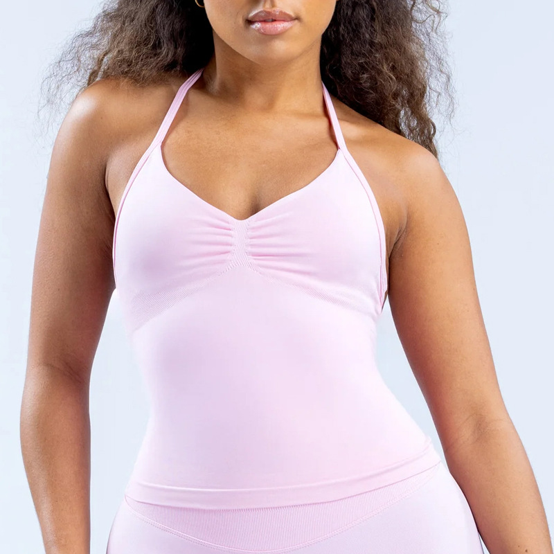 DF estilo europeo con matte nylon chaleco deportivo de yoga de mujer cuello colgante belleza detrás de la camisa de ejercicio para correr