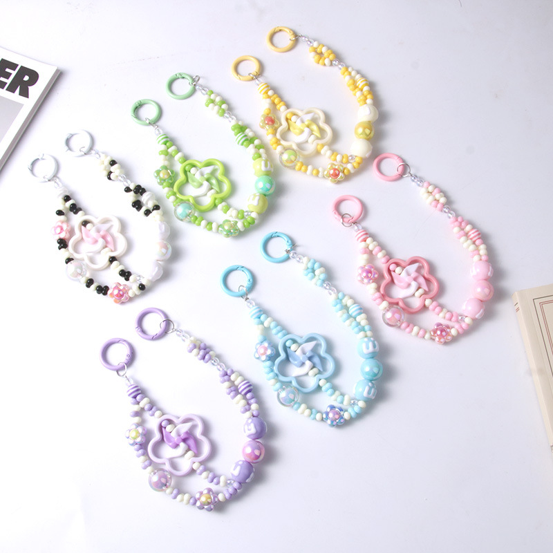 New Hand-painted Peanut Beads Mobile Phone Chain Cute Windmill Keychain Flower Beaded Bag Pendant Keychain Chain