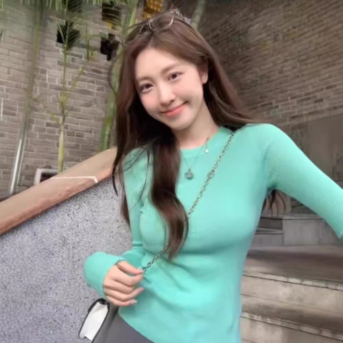 Hemp Bohemian Wave Green Round Neck Knitted Top for Women Spring Fitted Slimming Base Shirt with Straight Shoulder T-Shirt Long Sleeve Top