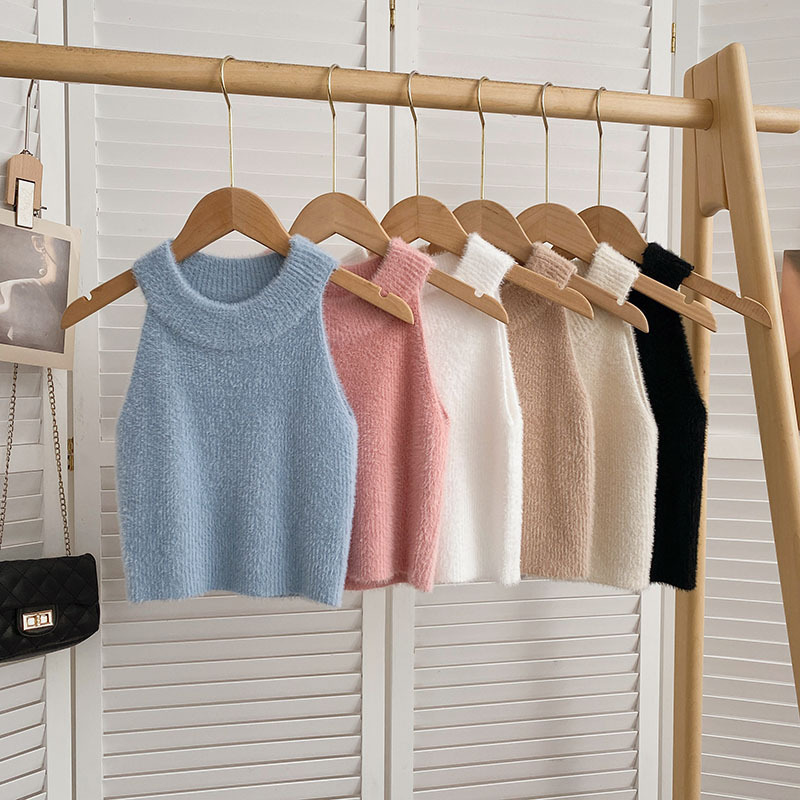 Sleeveless halter short faux mink fur vest for women 2024 autumn and winter New style inner solid color knitted top fashion