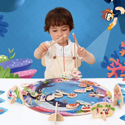 children Early education wooden  Jigsaw puzzle Marine organisms cognition multi-function magnetic Go fishing game Parenting interaction Toys