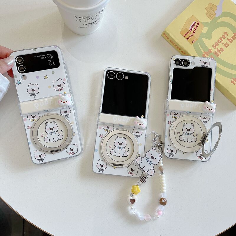 Korean and Japanese Style West Highland Suitable for Galaxy Z Flip 8/7/6 Phone Case Samsung 5Th Generation Folding Protective Cover with Wrist Strap