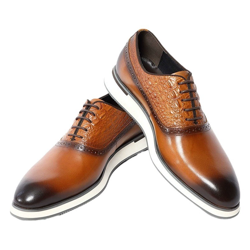 Мужские кожаные туфли Оксфорды, деловой стиль, британский дизайн, ручная полировка, тиснение, верх из натуральной кожи, подошва из пеноматериала, увеличивающая рост, комфортные.
