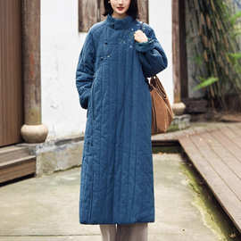 2025冬季刺绣立领中式文艺亚麻国风棉服女士绗棉加厚长款棉衣