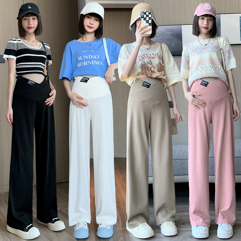 Real shot pregnant women Summer new Ice Silk low waist wide leg pants draping slimming fashion Cross waist pants air conditioning pants