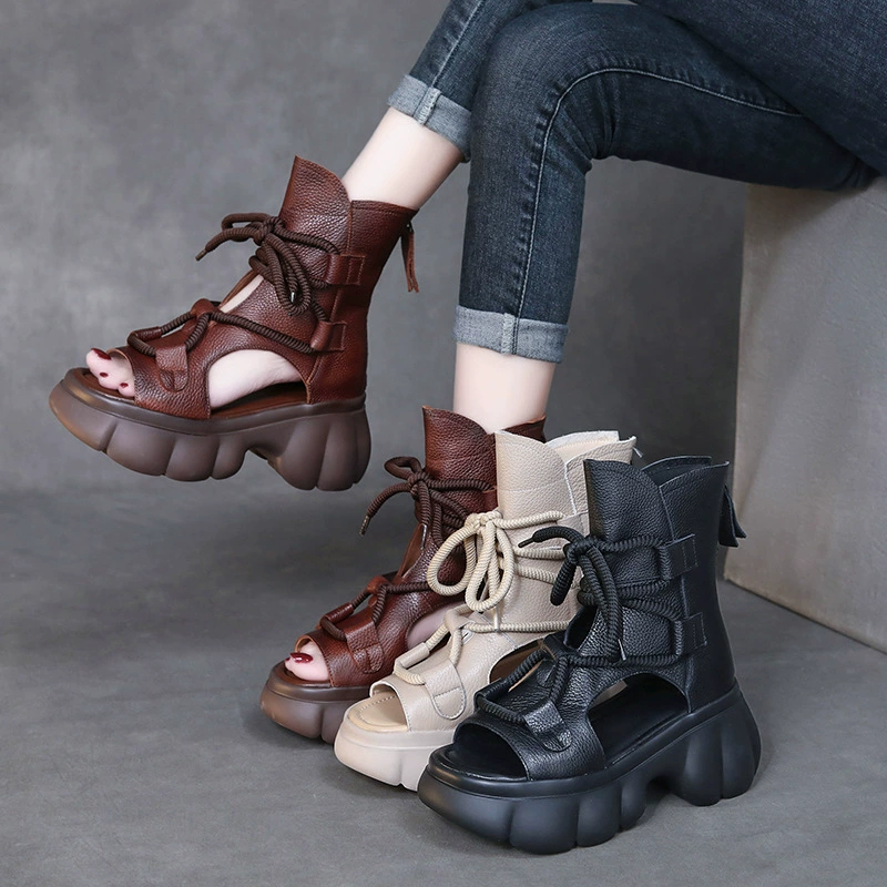 Летние сандалии женские римские туфли из натуральной кожи в стиле ретро на платформе с открытым носком и высоким открытым носком по бокам пустые короткие сапоги пляжные сандалии