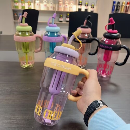 Portable summer high-value giant straw cup plastic belly cup large capacity flower tea cup with handle large kettle