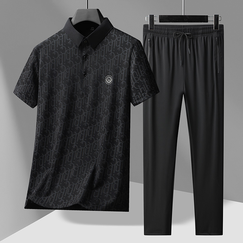 Ice Silk Seamless Men's Short-Sleeve T-Shirt and Pants Set, Men's Short-Sleeve T-Shirt and Long Pants Two-Piece Set, Dad's Summer Outfit