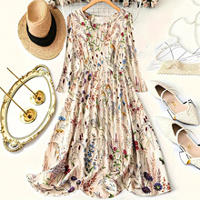 亚马逊跨境欧美秋冬新款长袖淡雅碎花修身显瘦法式复古优雅连衣裙