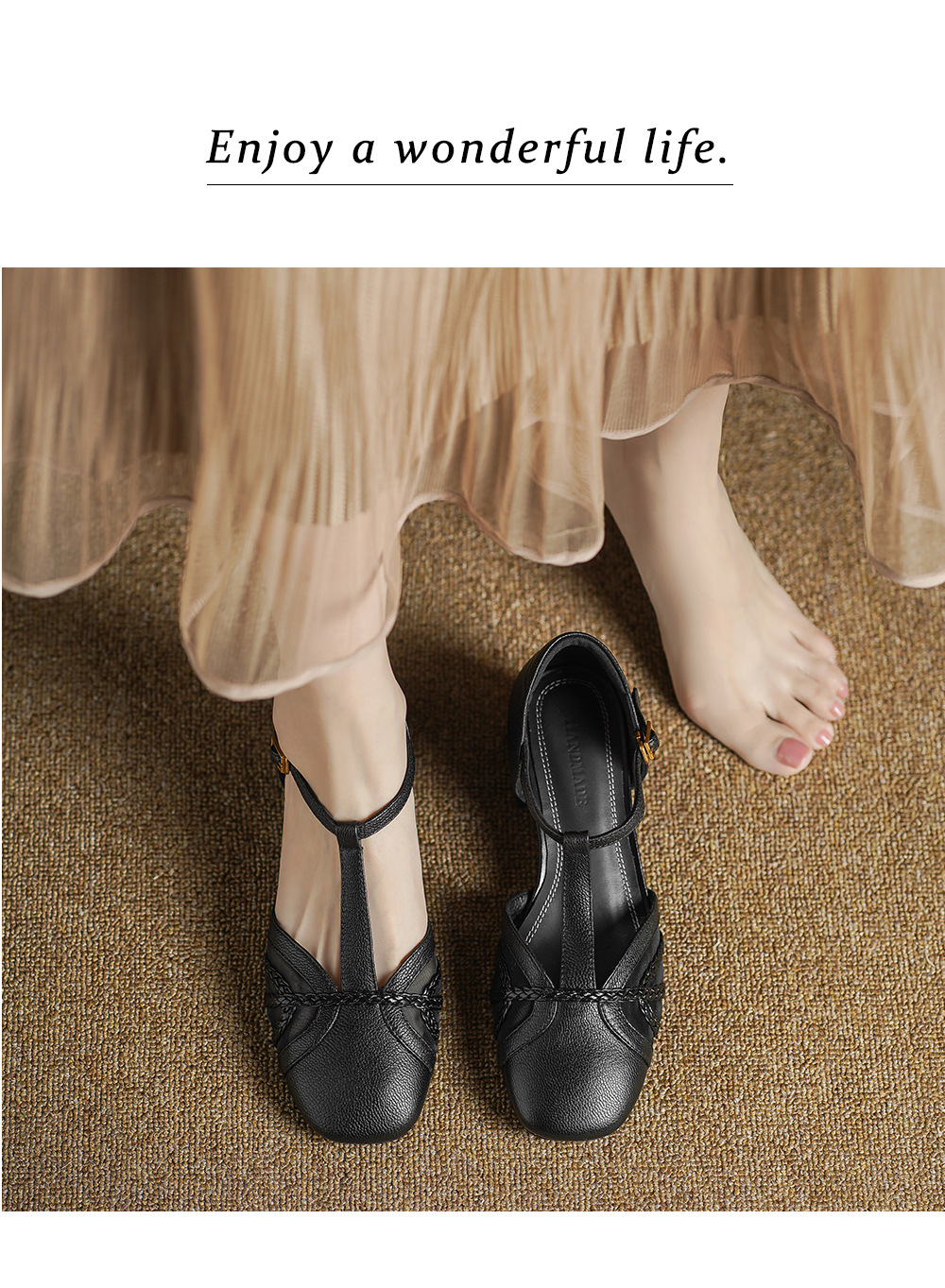 Giày sandal cao gót nữ hở mũi da cừu lưới gót vuông quai chữ T — đen chi tiết 7