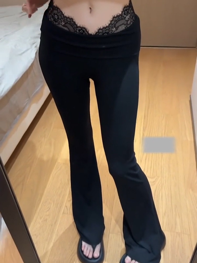 蕾丝拼接黑色微喇休闲裤女设计感时尚小个子垂感修身显瘦拖地长裤