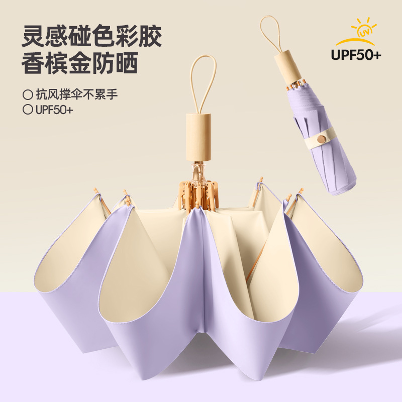 8-Bone Solid Wood Colored Glue Umbrella Fully Automatic Sunlight and Rain Dual-Use Sunscreen and Ultraviolet Protection Folding Women's Advanced Sense Sun Umbrella