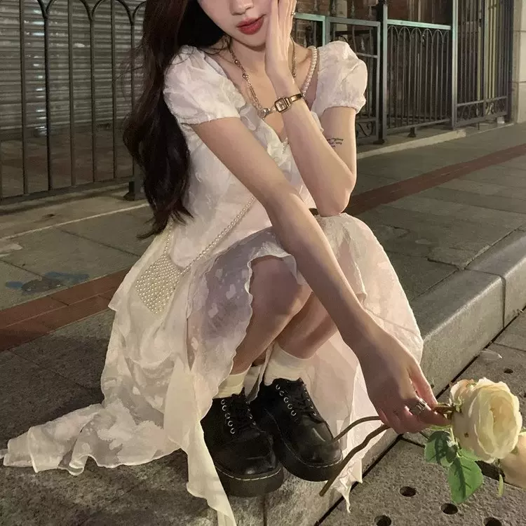 现货新款法式初恋不规则白色公主生日礼服连衣裙女夏季绝美小个子