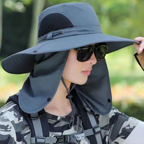 Sun Protection Fishing Hat for Men - Summer Outdoor Wide Brim Ventilated Sun Hat with Mosquito Repellent Scarf - Tea Picking Fisherman Hat