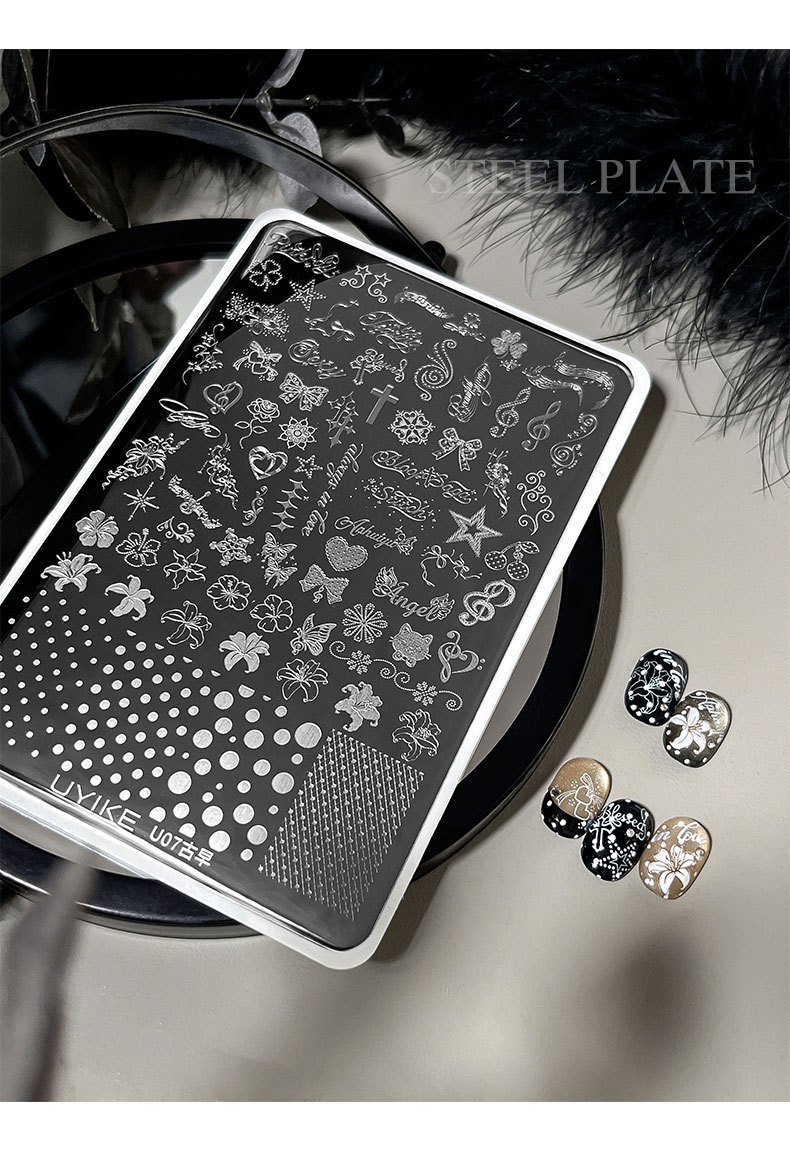 New vintage-style nail art stamping plates featuring musical notes, lilies, polka dots, and crosses – wholesale retro pattern transfer plates