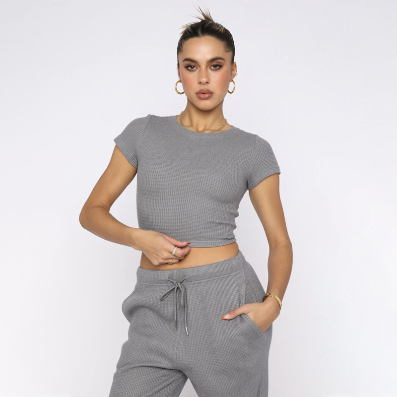 Spring Summer Solid Color Waffle round Neck Short Sleeve Women Clothing Casual Trousers Sets 62 Spring Summer Solid Color Waffle round Neck Short Sleeve Women Clothing Casual Trousers Sets