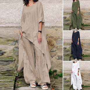 2025 Spring and Summer Amazon Casual Loose Top Irregular Hem Round Neck 3/4 Sleeve Cotton Linen suit Shirt