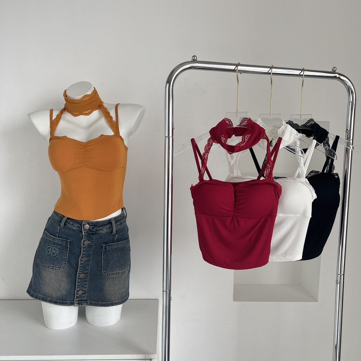 1814# New Pure Spice Girl Style Lace Stitching Hanging Neck Slim Camisole Girls' Feelings Top