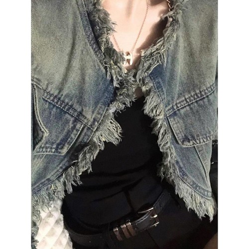American-style fashion brand short denim open jacket for women, chic fringe edge design, trendy blouse with design sense
