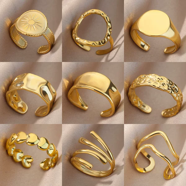 European and American New Stainless Steel Hydraulic Geometric Open Ring Wide Version Same Style Ring for Men and Women 18K Gold Plated Ring