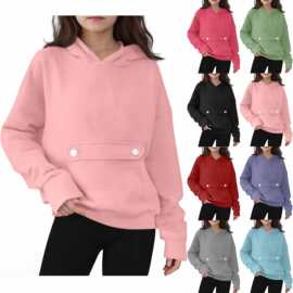 2025新款中大童纯色秋冬长袖连帽口袋纽扣卫衣