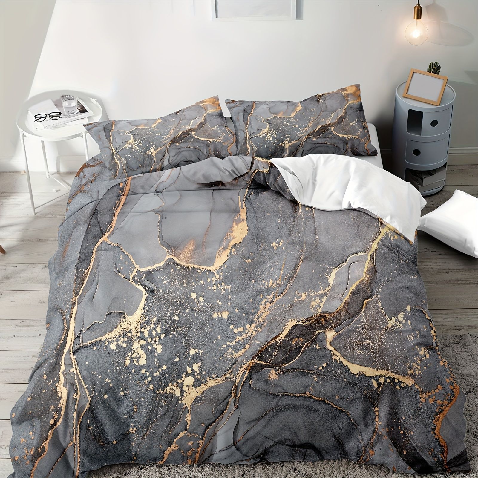 TEMU / JIT negro y blanco textura de mármol molienda impresión digital kit de colcha de tela para el hogar se puede diseñar