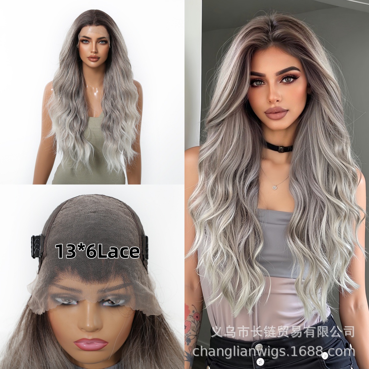 Cross-border 13*6 lace wig gray gold gradient middle-divided wig…
