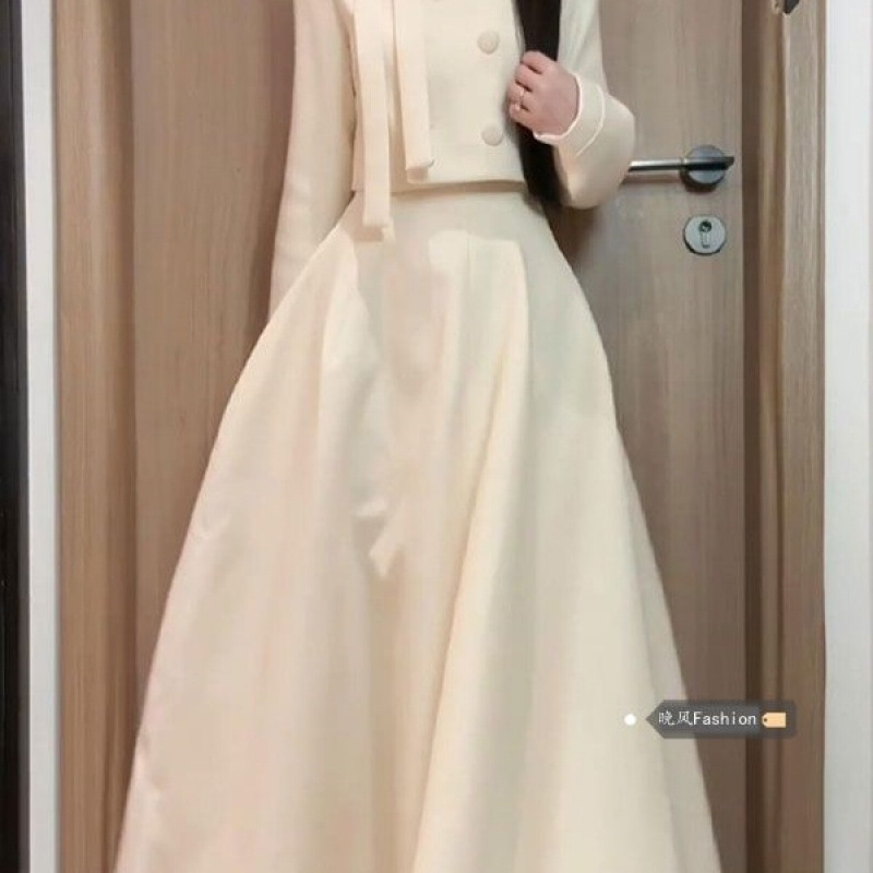 法式小香风套装女秋冬新款蝴蝶结正肩短款外套高腰显瘦气质半身裙|undefined