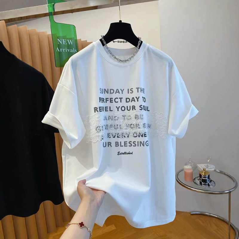 Letter Printed Short-Sleeved T-Shirt for Women 2026 Summer New Style Large Size Lace Splicing Loose Casual Super Nice Top