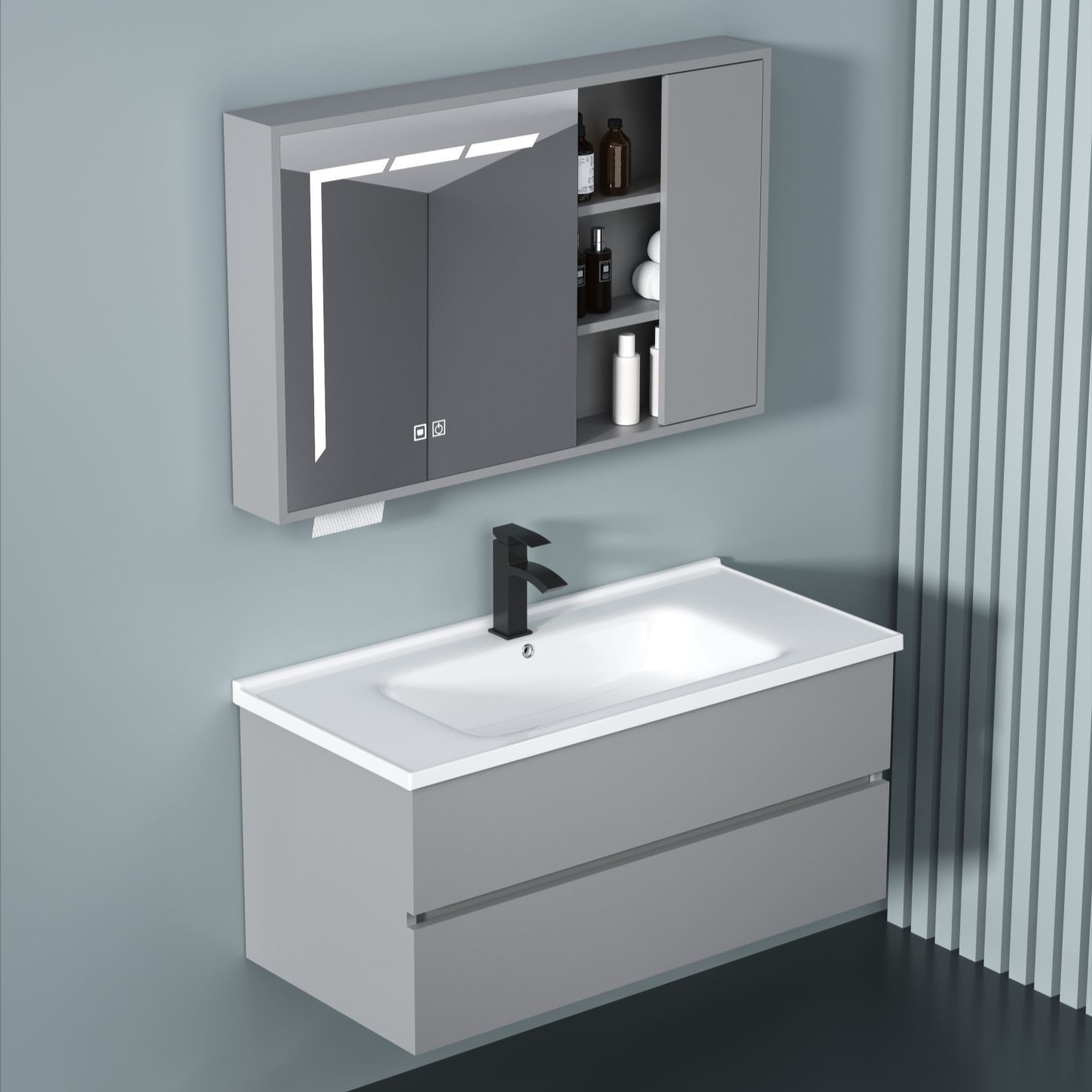 Gabinete de baño azul gris combinado cerámica lavabo lava