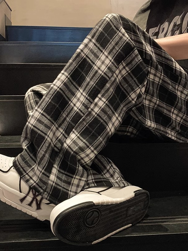 Pantalones a cuadros en blanco y negro Pantalones casuales de pierna ancha sueltos deportivos rectos con cordón retro americano Pantalones casuales para hombres