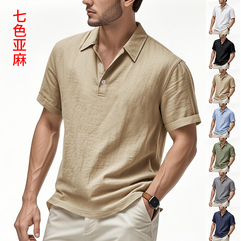 Cross-border Men's Amazon Short-sleeved Polo Shirt Men's Linen British-style Loose Breathable Lar Polo Shirt T-shirt Men's