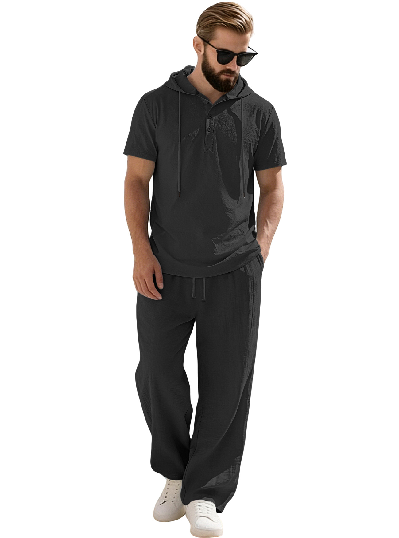 Transfronterizos Europa y América Amazon hombre nuevo encapuchado abrazado camisa de algodón y lino de manga corta casual pantalones largos de manga corta set hombre