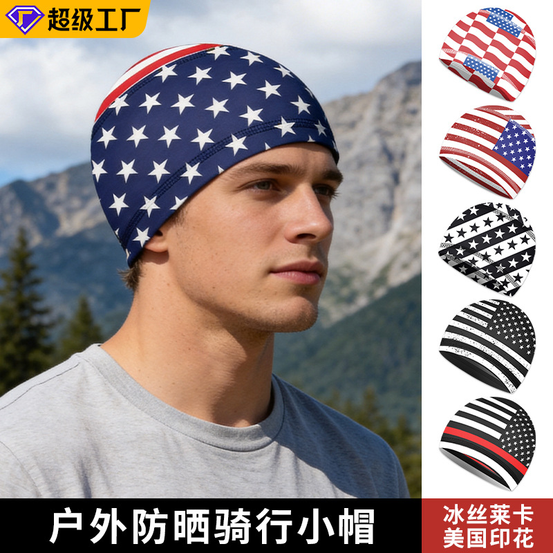 Cross-Border Cycling Cap Sweat-Absorbent and Quick-Drying Outdoor Sports Cap for Men and Women American Flag Printed Elastic Sun Protection Melon Cap