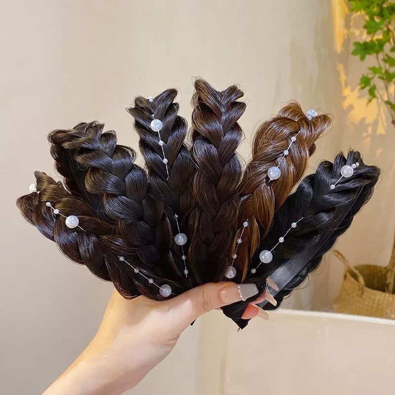handmade wig headband with pigtail, scalloped hair accessory, matte silk, Ø≈15 cm