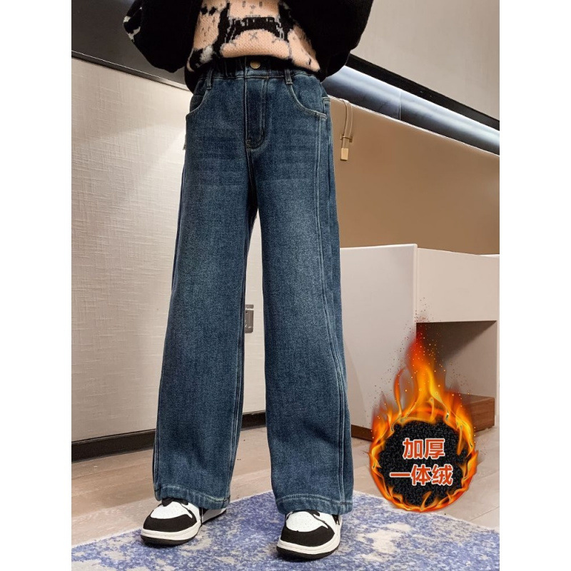 女童加绒直筒牛仔裤2025新款洋气中大童加厚阔腿裤长裤小女孩百搭