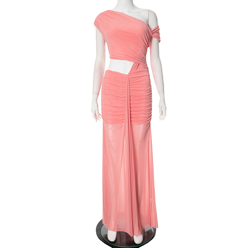 Women Clothing Spring Summer Solid Color Elegant Socialite Pleated Sexy Oblique Shoulder Dress Women