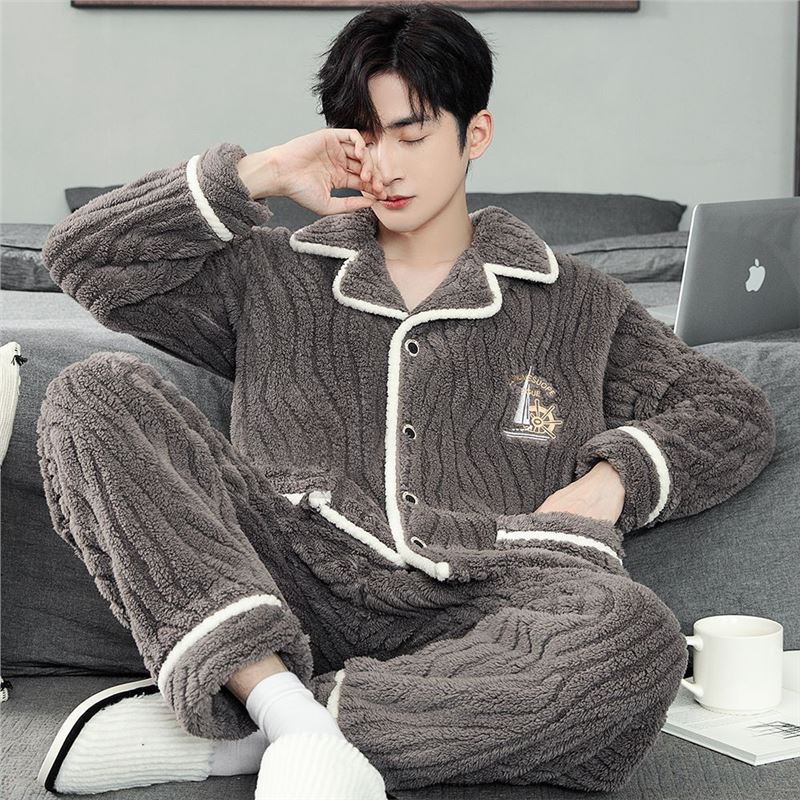 Pijama de lujo ligero de hombre engrosado de franela calentamiento conjunto coreano de mangas largas cardigan coral ropa para el hogar grande otoño