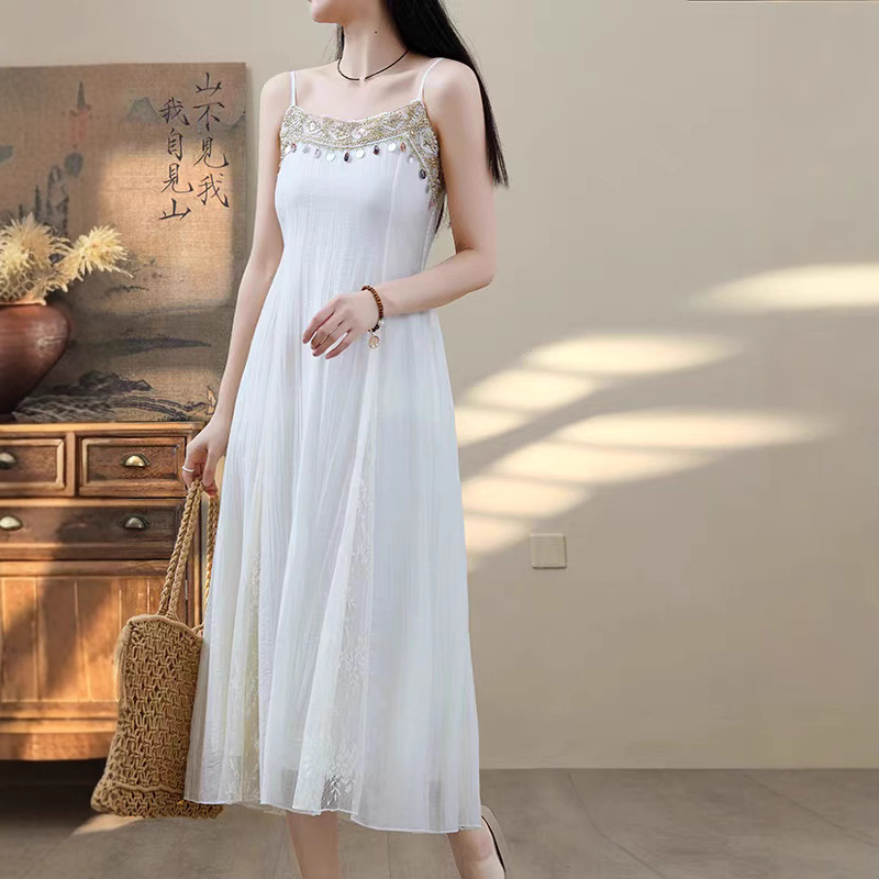 Summer New Seaside Vacation Dress Lace Splicing Suspender Skirt Women's Summer White Dress Long Skirt Beach Skirt